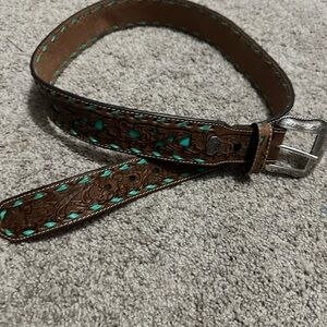 Western Brown Leather Belt with Turquoise Details